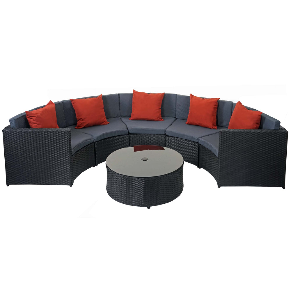 Poly-Rattan Garnitur rund, Sitzgruppe ~ schwarz, Polster dunkelgrau, Kissen terrakotta