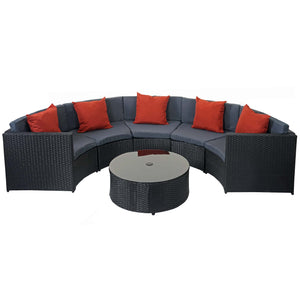 Poly-Rattan Garnitur rund, Sitzgruppe ~ schwarz, Polster dunkelgrau, Kissen terrakotta