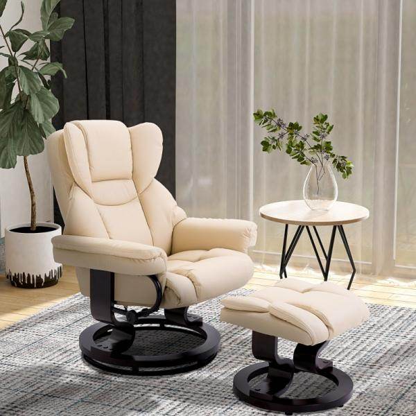 Relaxsessel mit Hocker, Liegefunktion, drehbar, bis 160 kg, Kunstleder creme