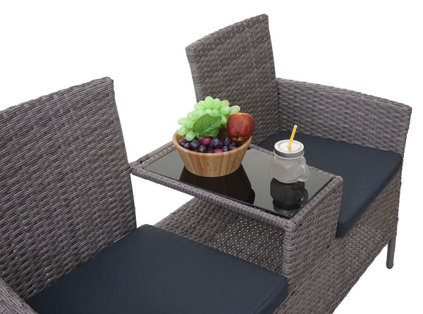 Rattan Gartenbank mit Tisch 132cm ~ grau, Kissen dunkelgrau