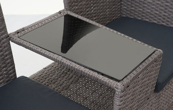 Rattan Gartenbank mit Tisch 132cm ~ grau, Kissen dunkelgrau