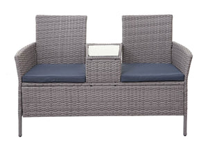 Rattan Gartenbank mit Tisch 132cm ~ grau, Kissen dunkelgrau