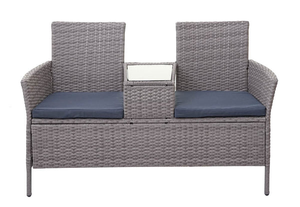 Rattan Gartenbank mit Tisch 132cm ~ grau, Kissen dunkelgrau