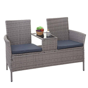 Rattan Gartenbank mit Tisch 132cm ~ grau, Kissen dunkelgrau