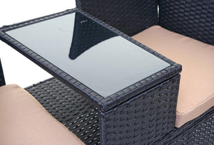 Rattan Gartenbank mit Tisch 132cm ~ schwarz Kissen creme