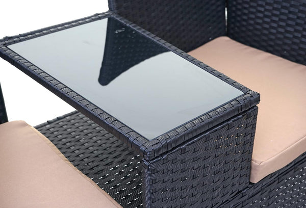 Rattan Gartenbank mit Tisch 132cm ~ schwarz Kissen creme