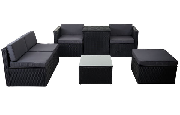 Rattan Lounge Sitzgruppe mit extra Kissenbox Anthrazit Kissen grau
