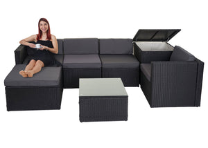 Rattan Lounge Sitzgruppe mit extra Kissenbox Anthrazit Kissen grau