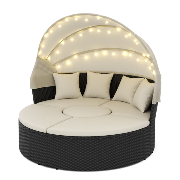 Rattan Sonneninsel mit LED PULA schwarz/beige