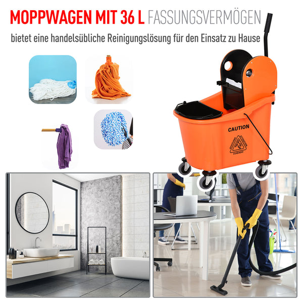 Cleaning trolley with bucket and wringing device, 36 liters