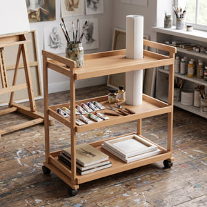 Rollwagen für Malutensilien Holz mit 3 Ablagen 78 x 42 x 88 cm natur