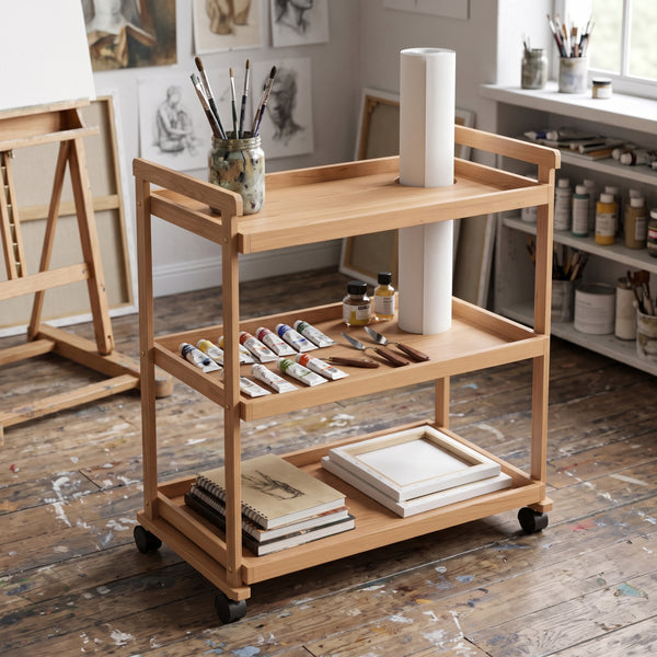 Rollwagen für Malutensilien Holz mit 3 Ablagen 78 x 42 x 88 cm natur