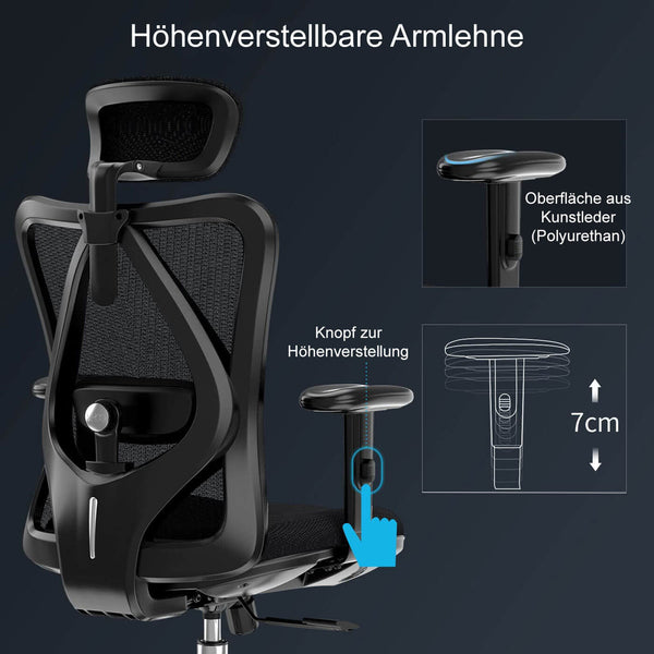 SIHOO Bürostuhl ergonomisch verstellbare Lordosenstütze 150kg belastbar