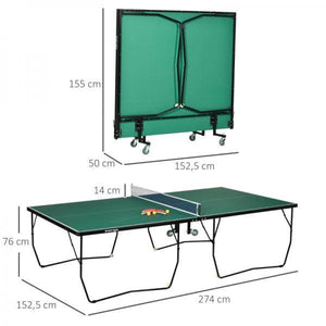 Tischtennistisch, in Originalgrösse, klappbar, 8 Räder, inkl. Schläger und Bälle, grün, 2,74 x 1,52 x 0,76 m