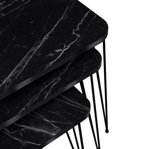 Tavolini impilabili Rudkobing, set da 3, effetto marmo nero