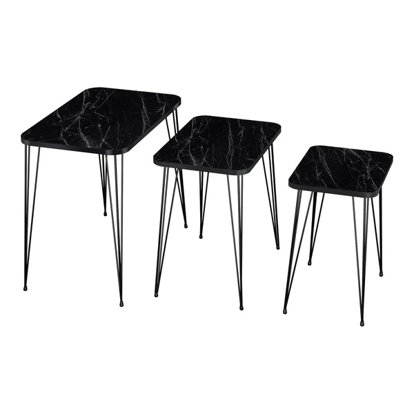 Tavolini impilabili Rudkobing, set da 3, effetto marmo nero