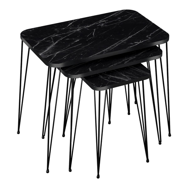 Tavolini impilabili Rudkobing, set da 3, effetto marmo nero
