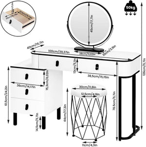 Schminktisch, Hocker aus Samt, Spiegel mit LED, Seitenschrank Weiss