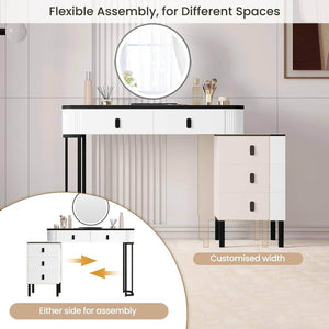 Schminktisch, Hocker aus Samt, Spiegel mit LED, Seitenschrank Weiss