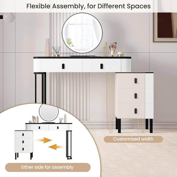 Schminktisch, Hocker aus Samt, Spiegel mit LED, Seitenschrank Weiss