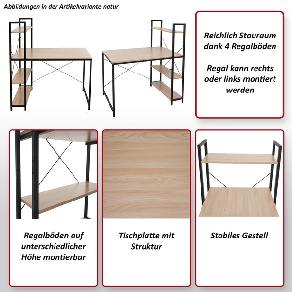 Schreibtisch mit Regal 100x60cm Metall MDF grau/braun