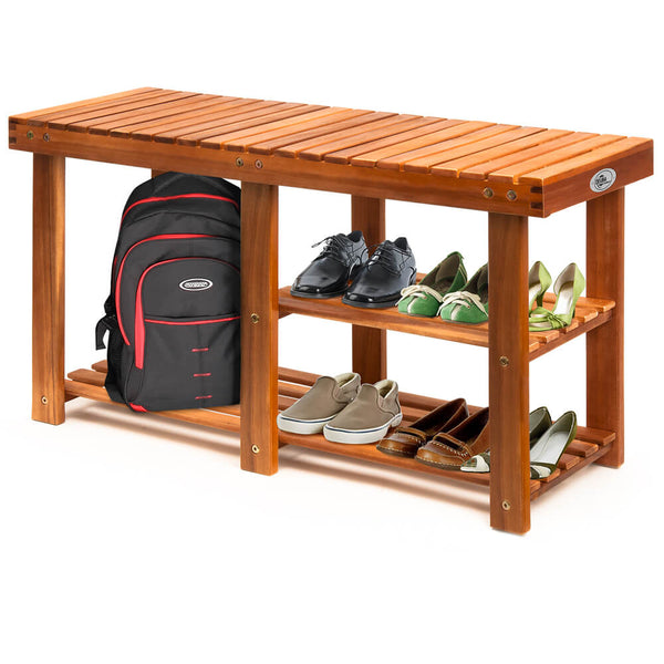 Étagère à chaussures 2 en 1 avec banc, en bois d'acacia
