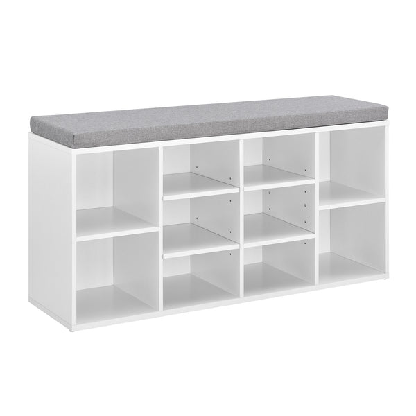 Ymir shoe rack 103x30x48 cm, 10 shelves, bench, white/grey