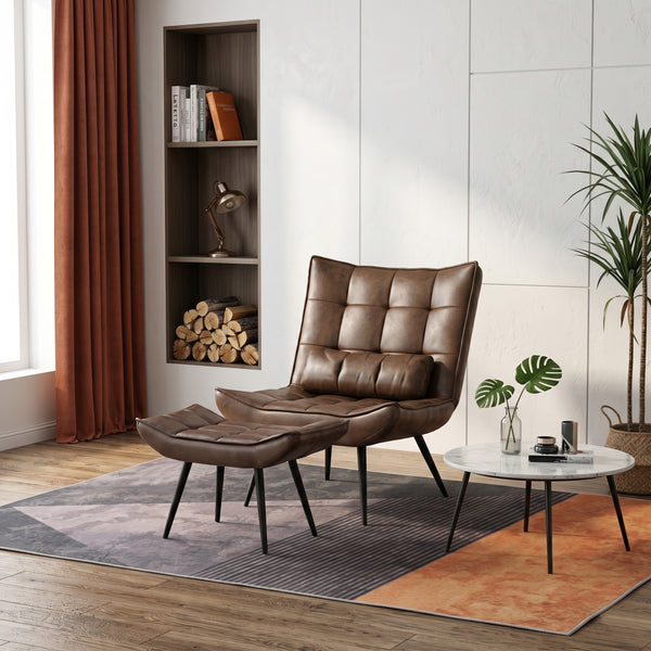Sessel Leder BRICK mit Hocker braun
