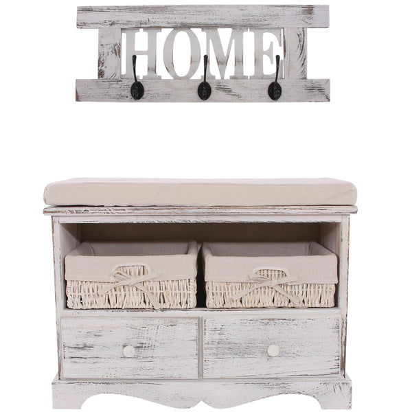Shabby Garderobe mit Sitzbank mit 2 Körben ~ weiss