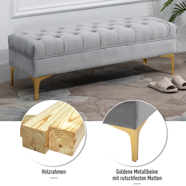 Sitzbank Bettbank Schuhbank Samt Hellgrau goldene Beine