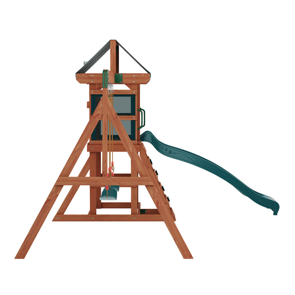 Spielturm Holz mit Doppelschaukel und Rutsche natur/grün