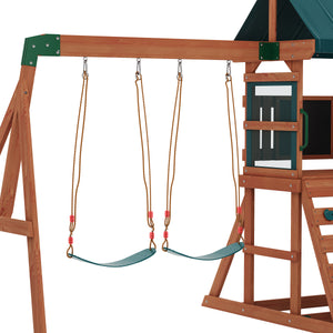 Spielturm Holz mit Doppelschaukel und Rutsche natur/grün