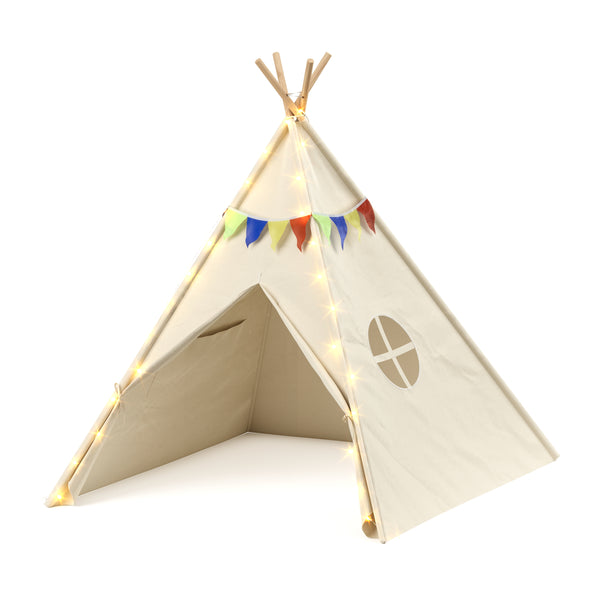 Play tent teepee with string lights beige