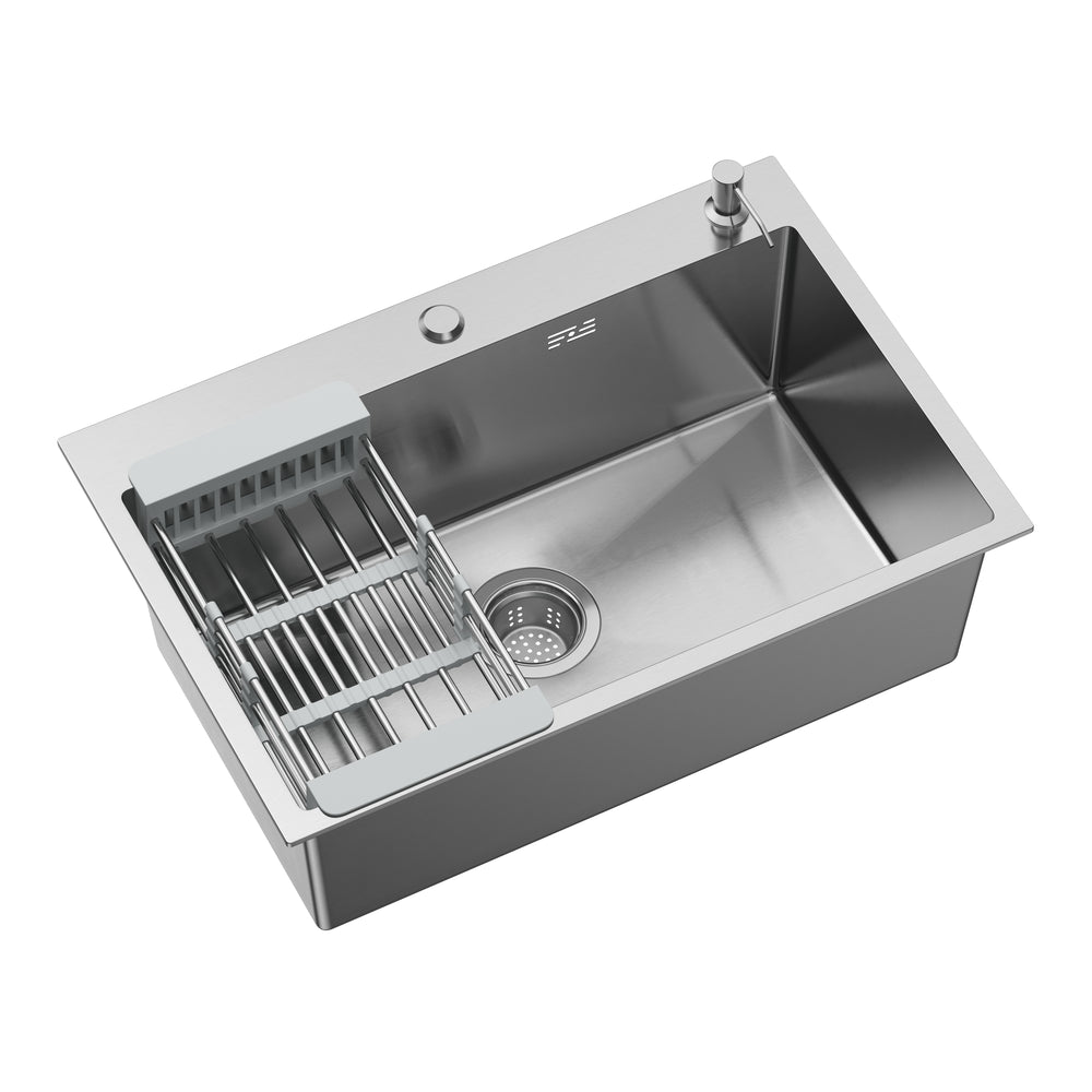 Lavello in acciaio inox 68 x 48 cm con cestello di scarico e dispenser di sapone