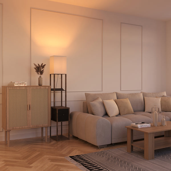 Stehlampe EMBER mit Regal und Schublade braun
