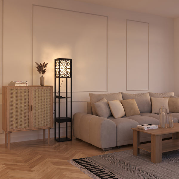 Stehlampe GLOWRY mit Regal und Schublade schwarz
