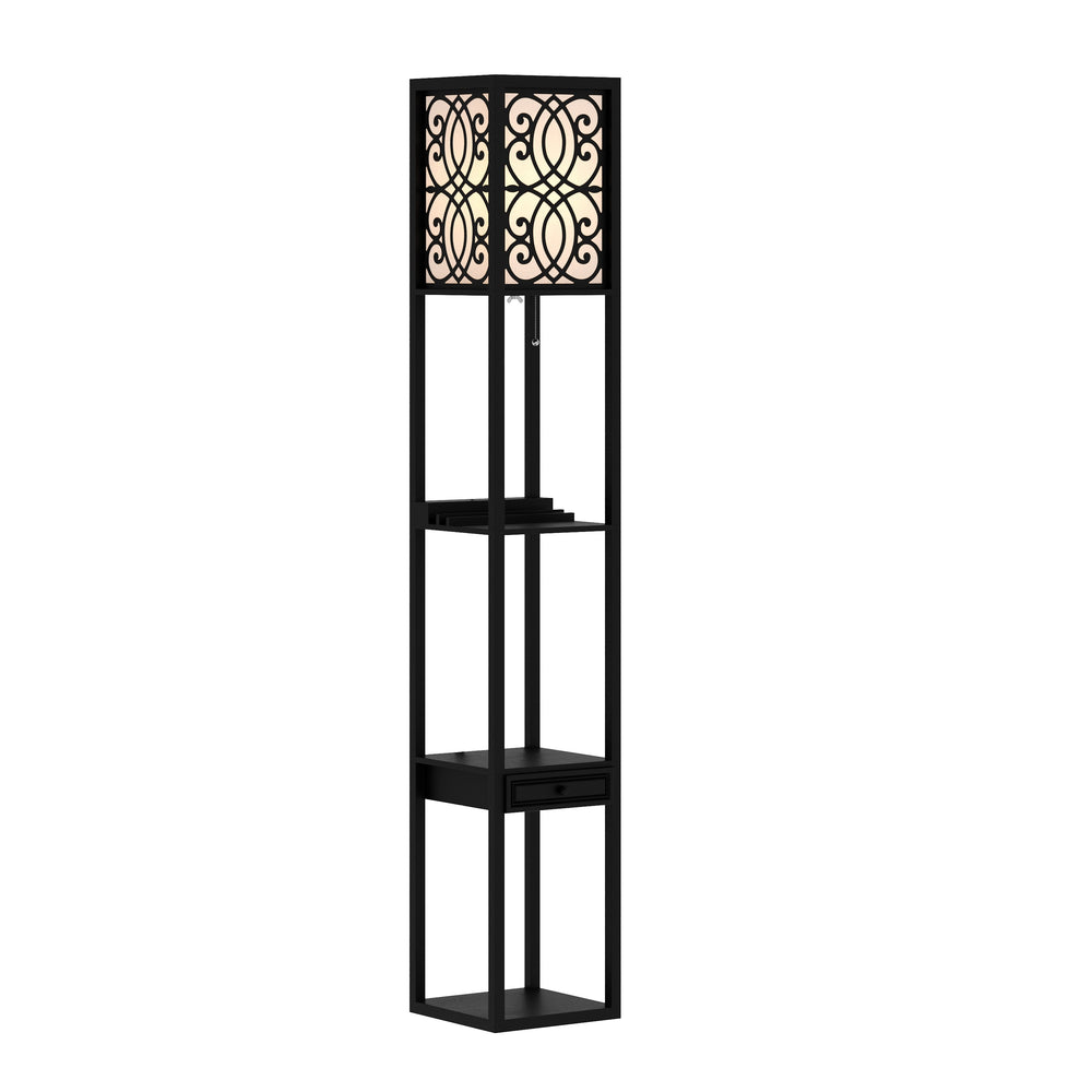 GLOWRY floor lamp with shelf and drawer, black