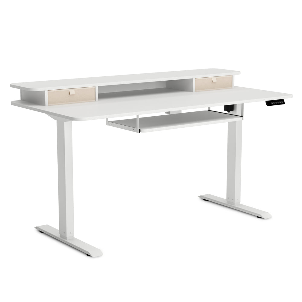 Stehpult elektrisch mit Ablage + Tastaturfach 140 x 70 cm weiss