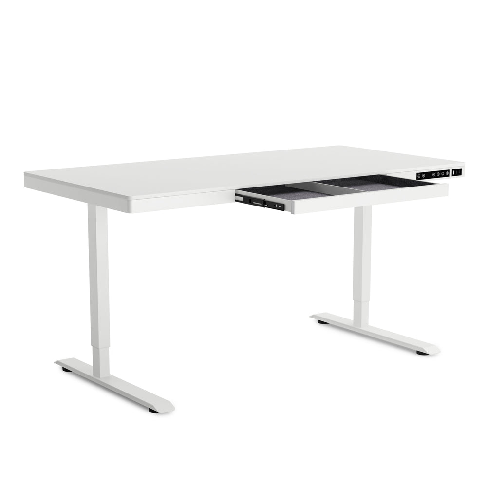 Stehpult elektrisch mit Schublade 140 x 70 cm weiss