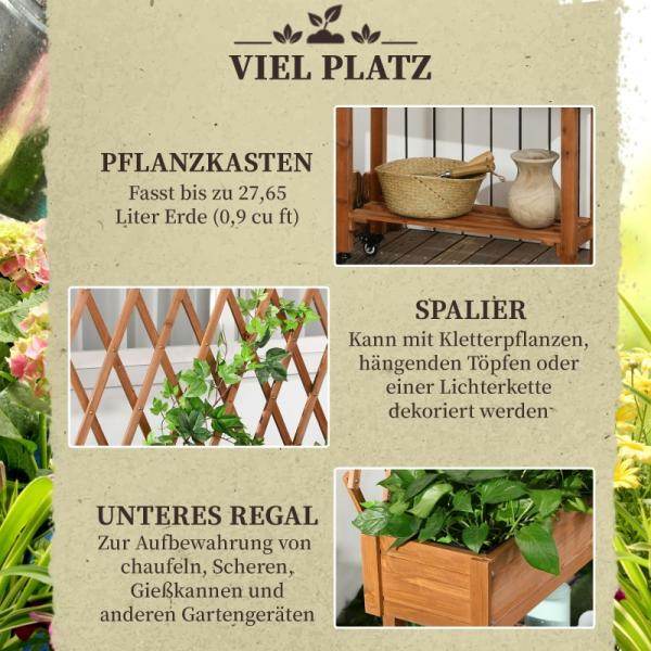 Hochbeet, integriertes Spalier, Ablageregal, Räder, Massivholz, braun, 79 x 29 x 130 cm