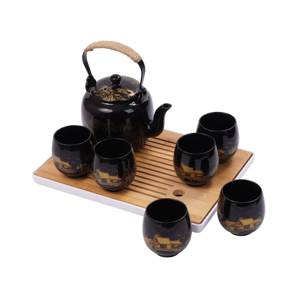 Teeset Porzellan 8-teilig schwarz/gold