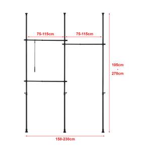 Telescopic wardrobe Kemi with 3 wardrobe rails 150 - 230cm