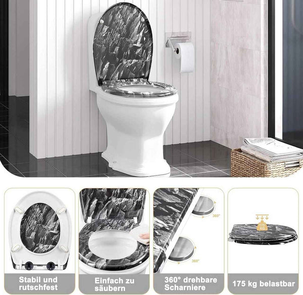 Toilettendeckel, WC Sitz mit Absenkautomatik, Klobrille, O-Form, Steinmuster