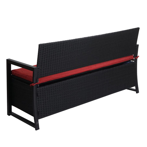 Truhenbank Rattan JAM-F39 3 Sitzer anthrazit Kissen bordeaux