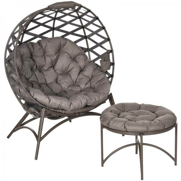 Gartenstuhl-Set, 2-tlg., Hocker/Beistelltisch, gr. Sitzkissen, Stahlrahmen, Farbe: Sand