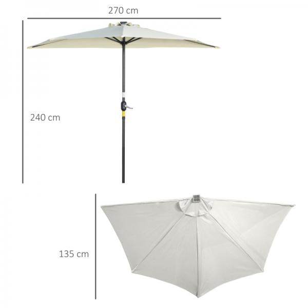 Sonnenschirm, Terrassenschirm, halbrund, mit Solarpaneel, 20 LEDs, Handkurbel, beige, 2,70 x 1,35 x 2,40 m