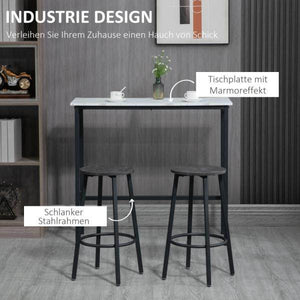 Bar-Set für 2 Personen, 1 Tisch mit 2 Barhockern, Tischplatte in Weisser Marmoroptik, Stahlrahmen