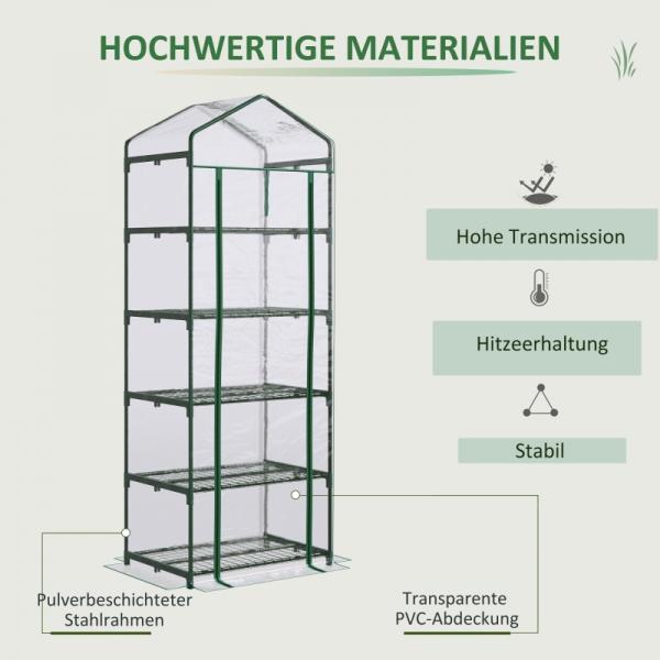 Foliengewächshaus Mini-Gewächshaus mit 5 Regale Aufzucht Treibhaus Transparent+Grün Stahl Kunststoff