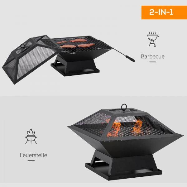Feuerschale mit Funkenschutz Grillrost Schürhaken Feuerkorb Stahl Schwarz