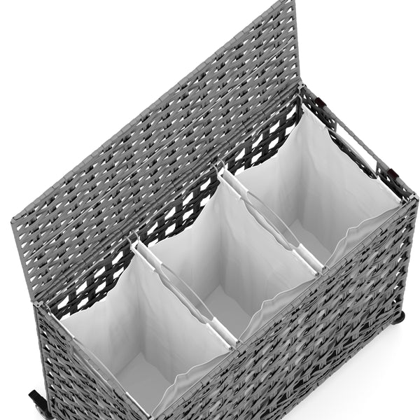 Wäschekorb Rattan mit Deckel 3 Fächer 140L grau